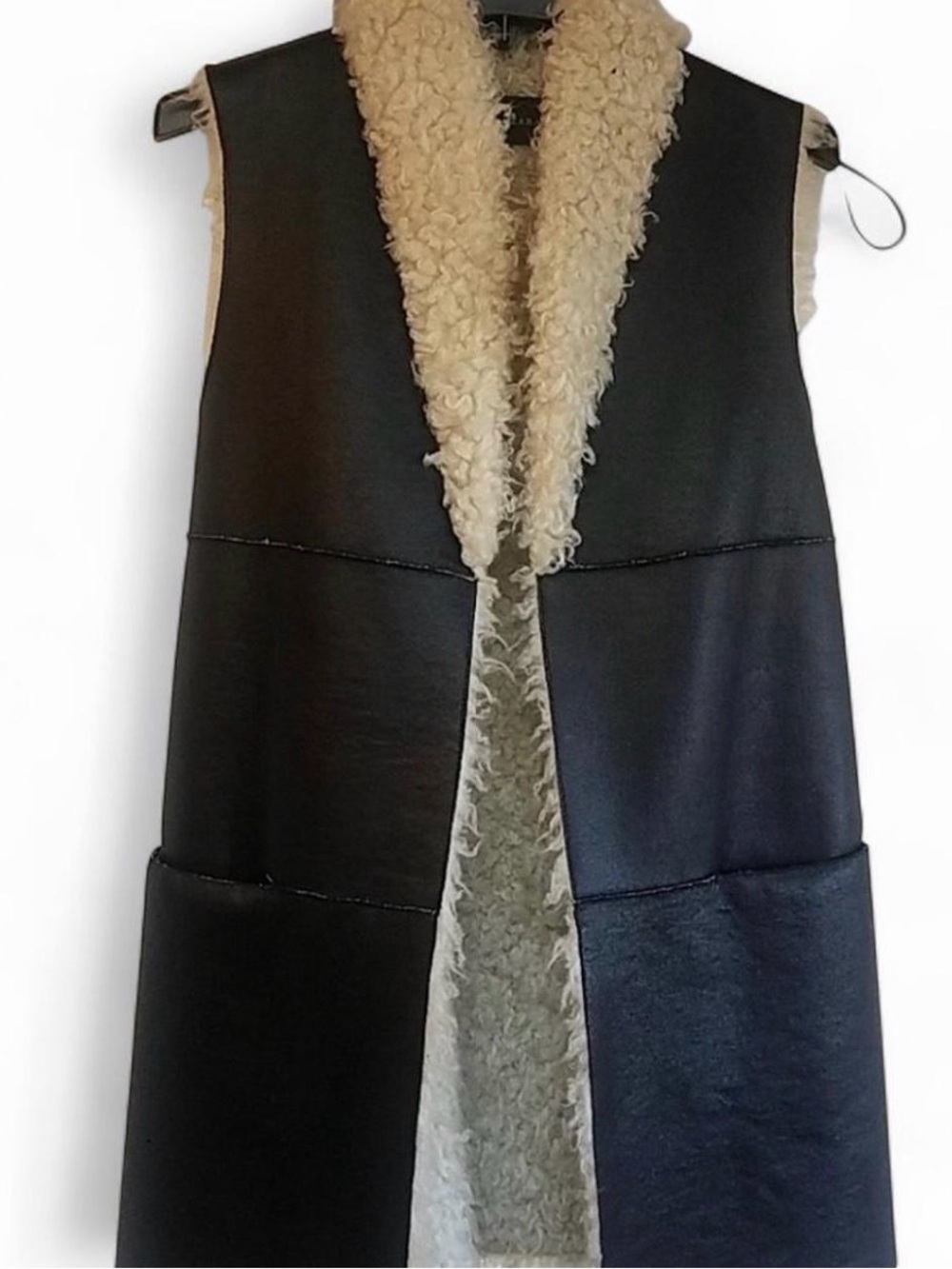 ZARA Black Faux Shearling Long Vest with Cream Lining